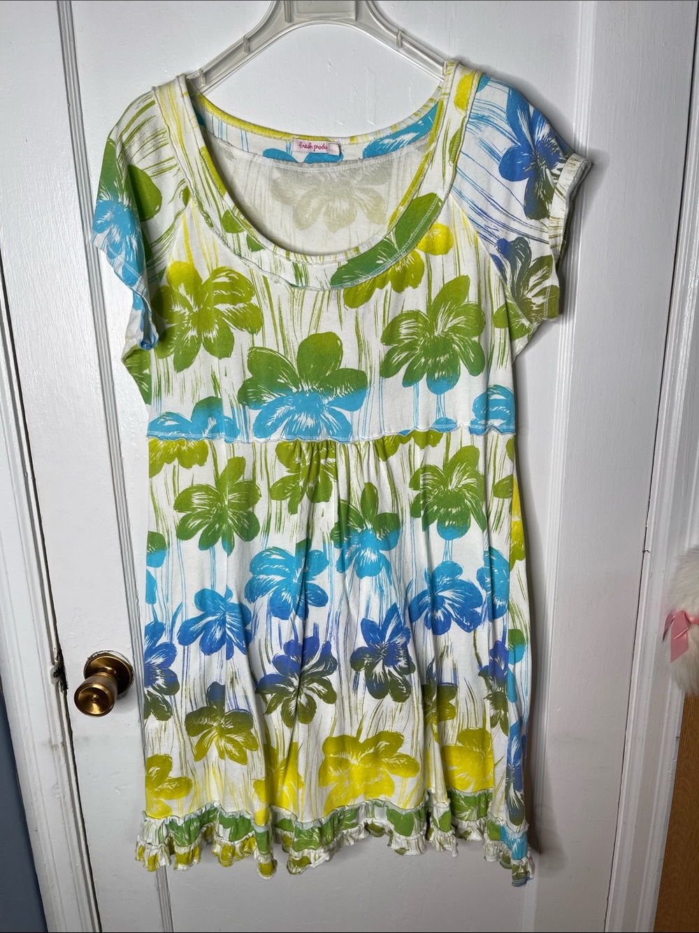 Fresh Produce Dress XL Hibiscus Floral Cotton Ruffle Tropical Hawaii Blue Green